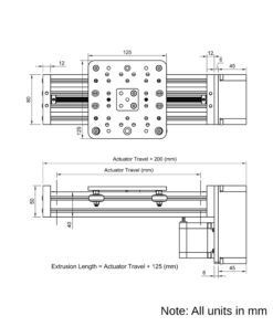 Technical Drawing Of C-Beam Screw Drive Actuator - Compact - Rear Mount - 500mm - Silver - Gantry Plate - Extra Large
