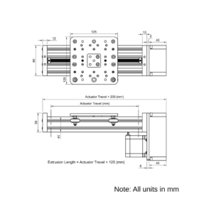 Technical Drawing Of C-Beam Screw Drive Actuator - Compact - Rear Mount - 250mm - Black - Gantry Plate - Extra Large