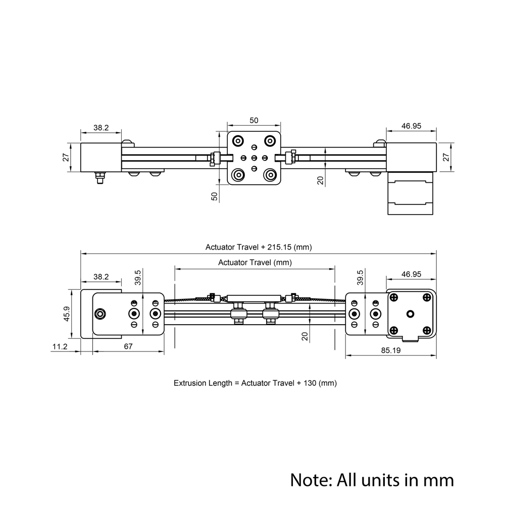 Technical Drawing Of Belt Drive Actuator - NEMA17 - 20x20mm - 1500mm - Silver - V-Slot Gantry Plate - Extra Small
