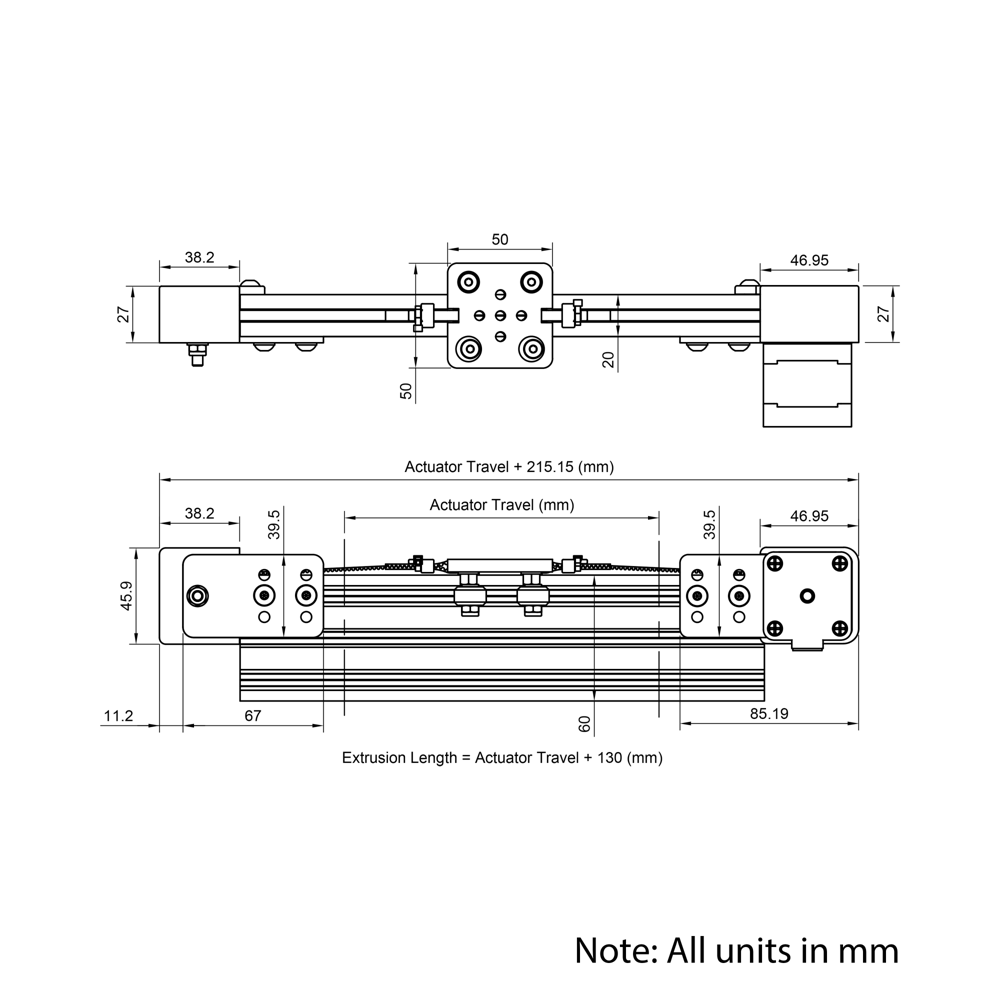 Technical Drawing Of Belt Drive Actuator - NEMA17 - 20x60mm - 1000mm - Silver - V-Slot Gantry Plate - Extra Small