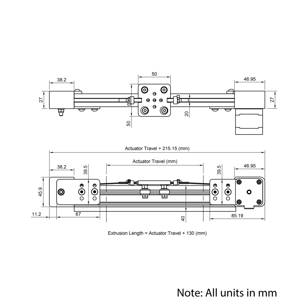 Technical Drawing Of Belt Drive Actuator - NEMA17 - 20x40mm - 500mm - Black - V-Slot Gantry Plate - Extra Small