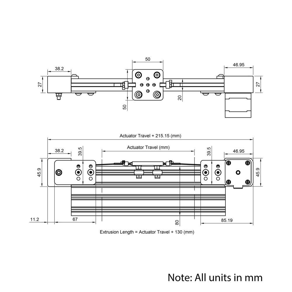 Technical Drawing Of Belt Drive Actuator - NEMA17 - 20x80mm - 1500mm - Black - V-Slot Gantry Plate - Extra Small