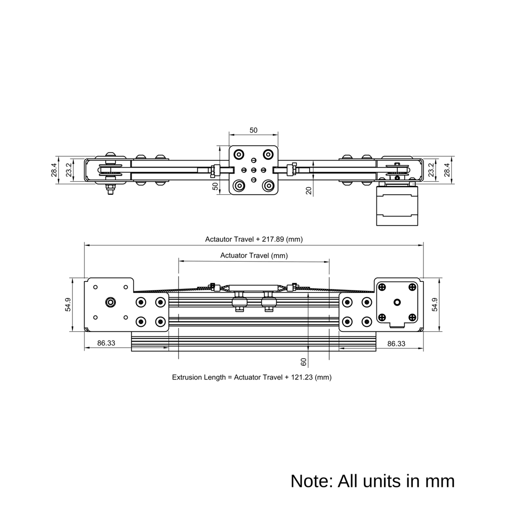 Technical Drawing Of Modular Belt Drive Actuator - 20x60mm - 1000mm - Silver - V-Slot Gantry Plate - Extra Small
