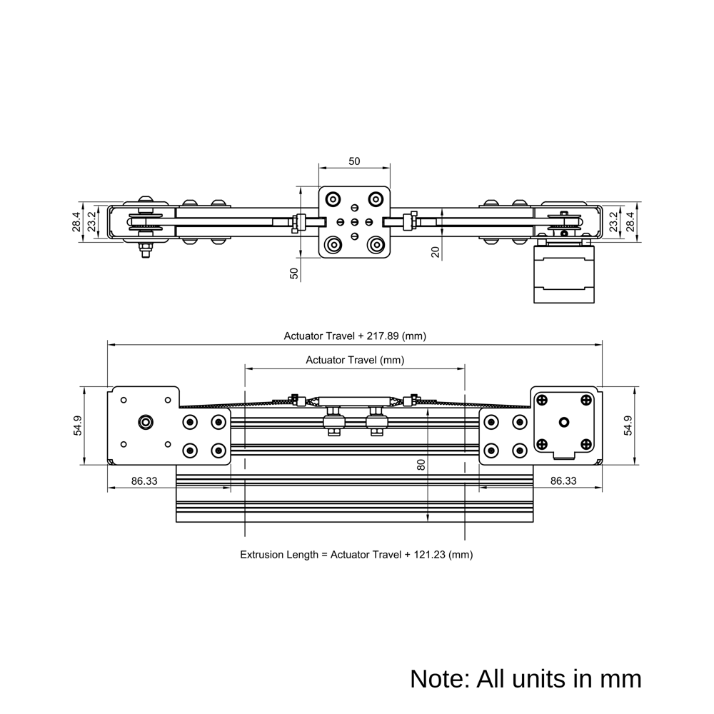 Technical Drawing Of Modular Belt Drive Actuator - 20x80mm - 1500mm - Silver - V-Slot Gantry Plate - Extra Small
