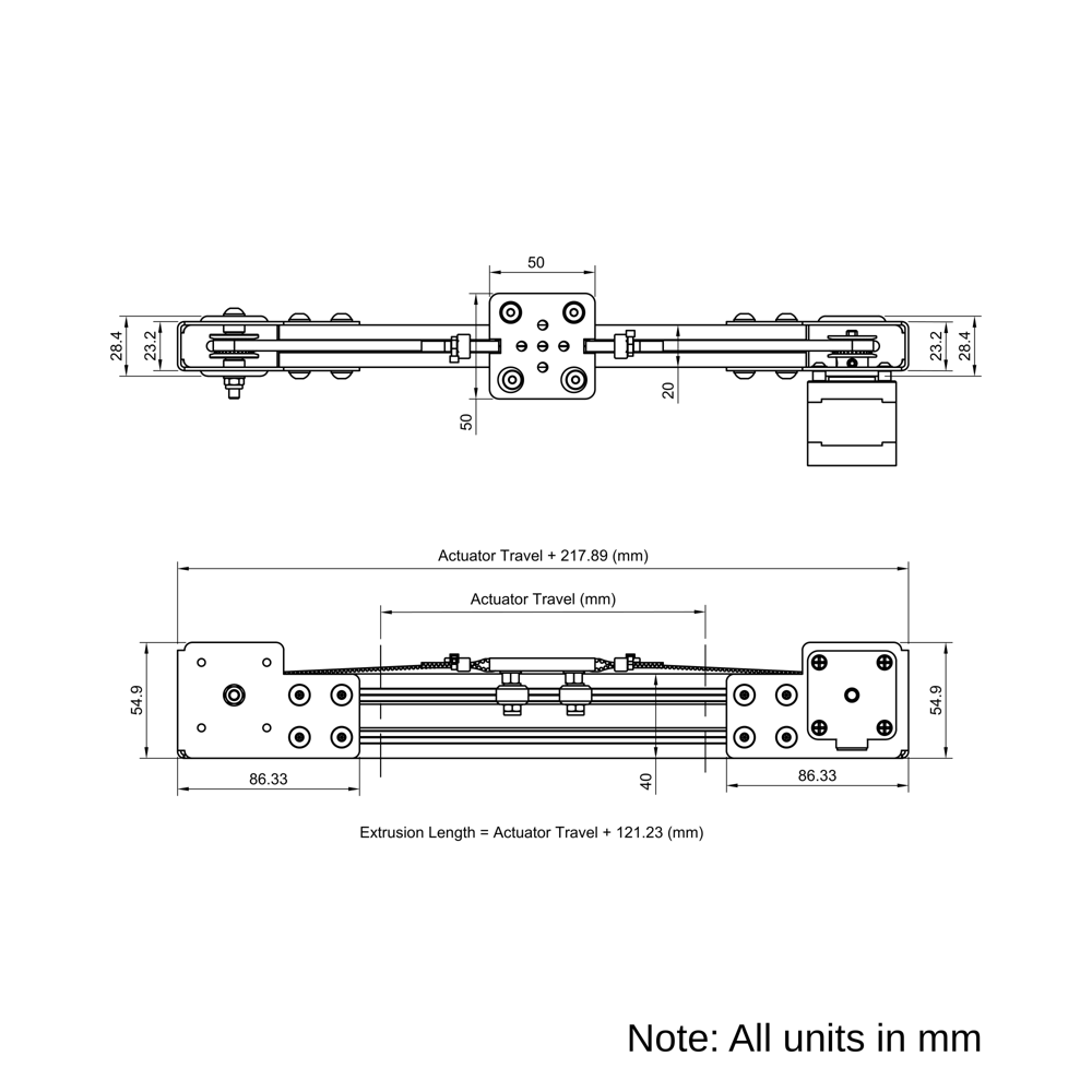 Technical Drawing Of Modular Belt Drive Actuator - 20x40mm - 1500mm - Black - V-Slot Gantry Plate - Extra Small