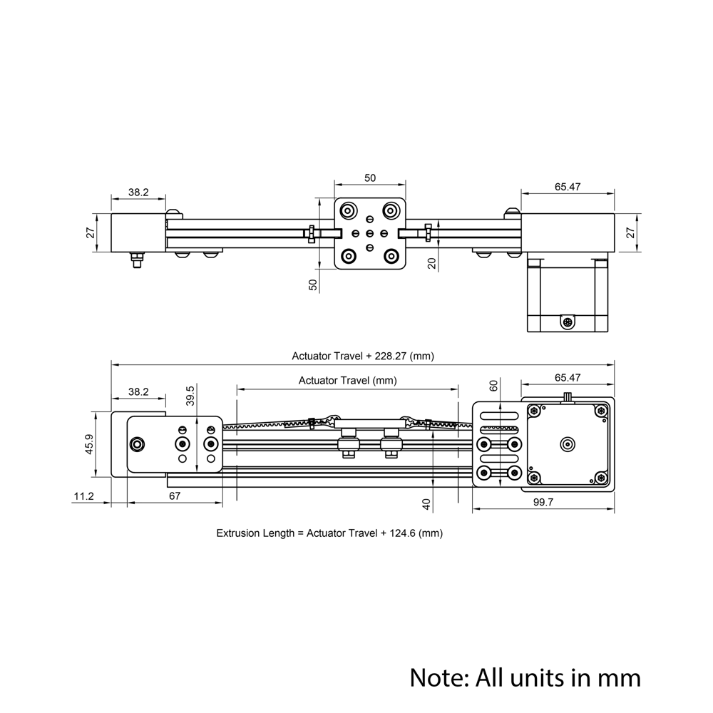 Technical Drawing Of Belt Drive Actuator - NEMA23 - 20x40mm - 2000mm - Silver - V-Slot Gantry Plate - Extra Small