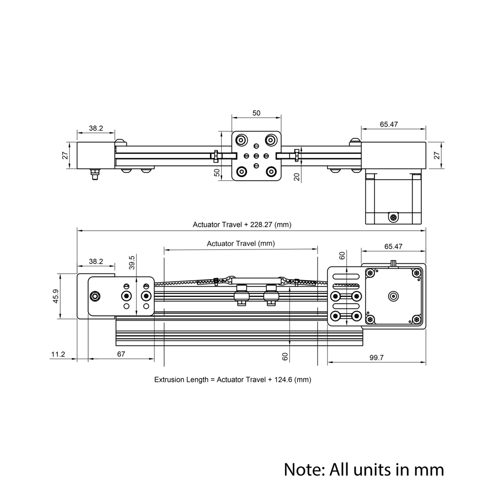 Technical Drawing Of Belt Drive Actuator - NEMA23 - 20x60mm - 2000mm - Black - V-Slot Gantry Plate - Extra Small