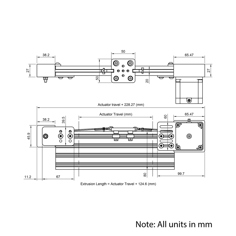 Technical Drawing Of Belt Drive Actuator - NEMA23 - 20x80mm - 2000mm - Black - V-Slot Gantry Plate - Extra Small