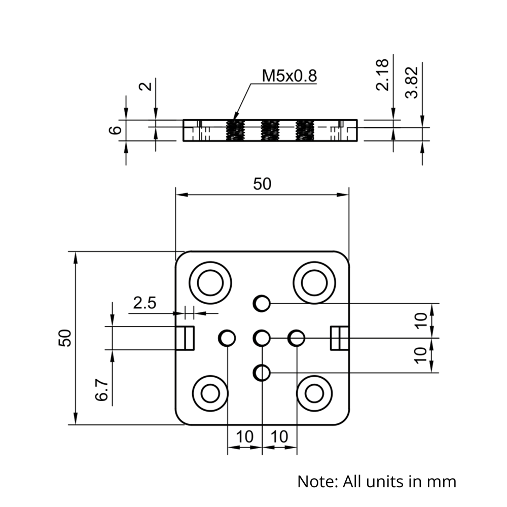 Technical Drawing Of V-Slot Gantry Plate - Extra Small - 50x50mm