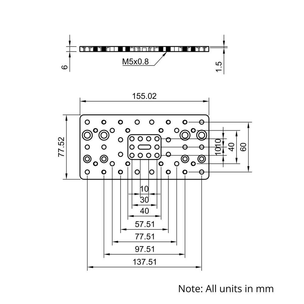 Technical Drawing Of C-Beam Gantry Plate - Large - 75x155mm