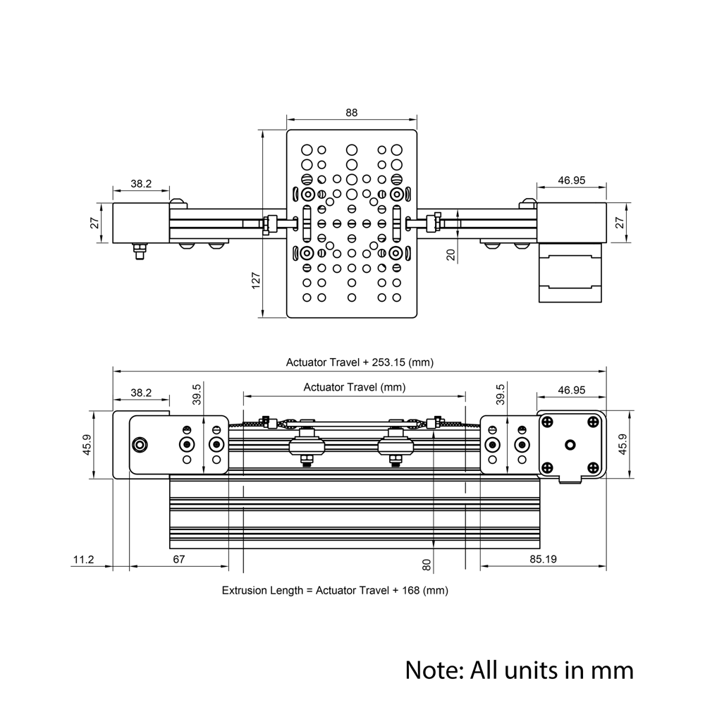 Technical Drawing Of Belt Drive Actuator - NEMA17 - 20x80mm - 3000mm - Silver - V-Slot Gantry Plate - Large