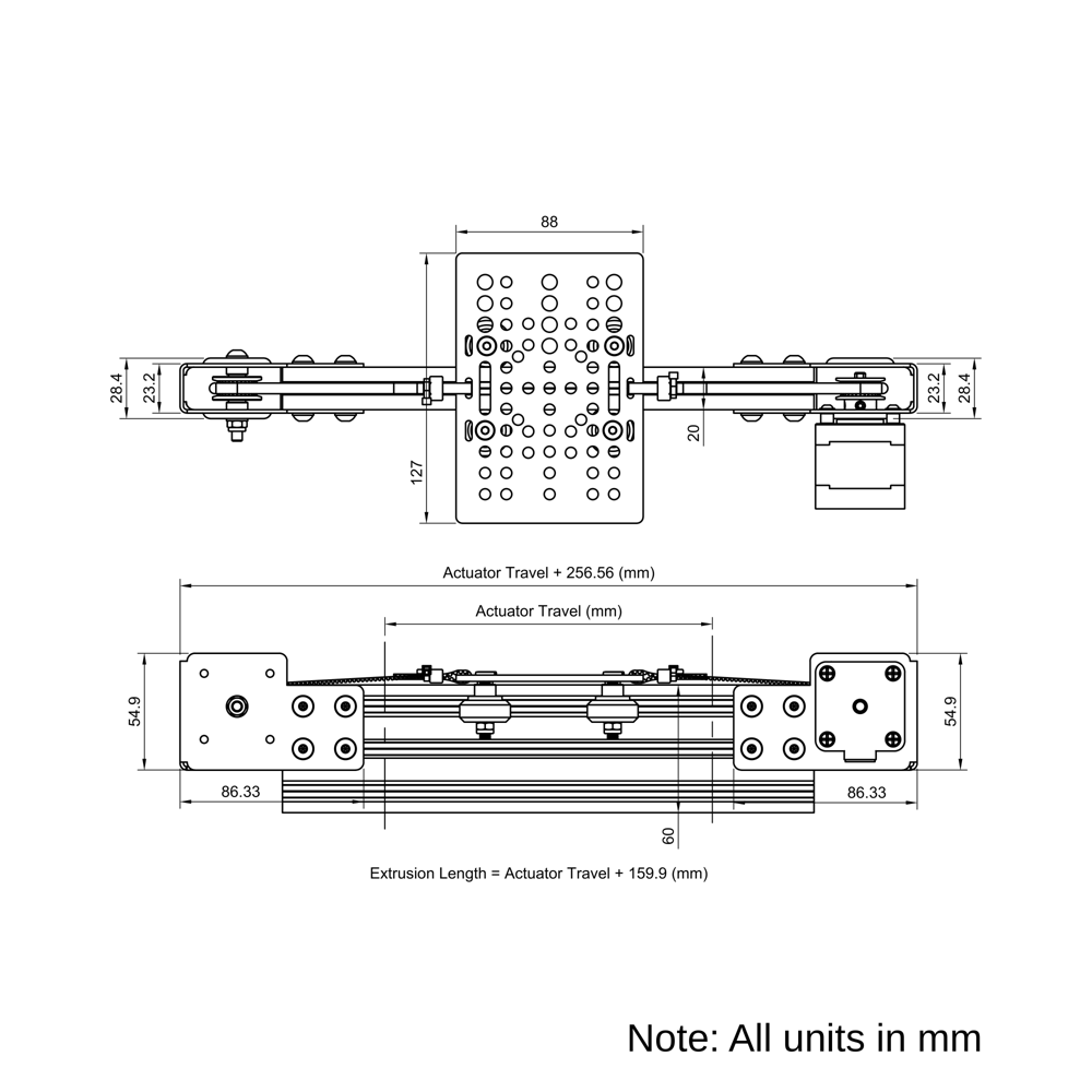 Technical Drawing Of Modular Belt Drive Actuator - 20x60mm - 500mm - Black - V-Slot Gantry Plate - Large