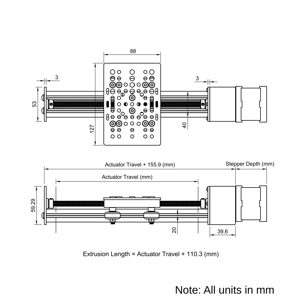 Technical Drawing Of Screw Drive Actuator - NEMA17 - 20x40mm - 250mm - Black - V-Slot Gantry Plate - Large