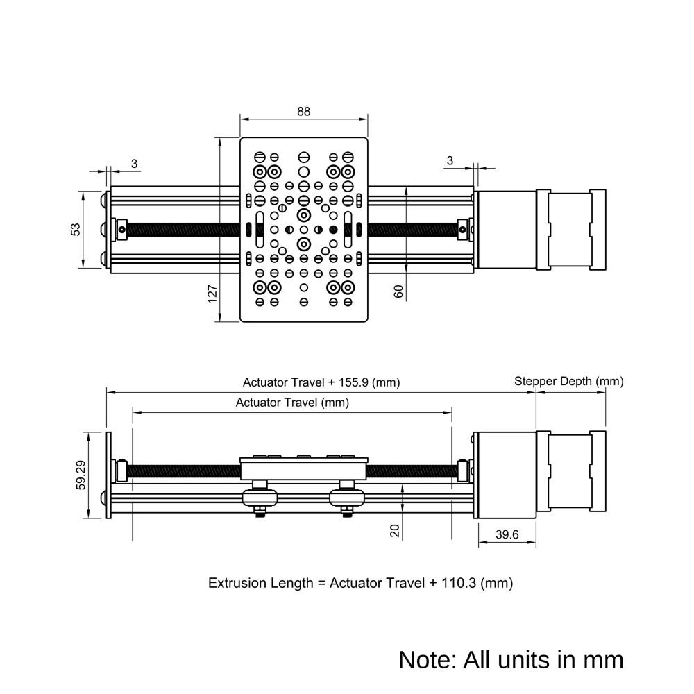 Technical Drawing Of Screw Drive Actuator - NEMA17 - 20x60mm - 250mm - Black - V-Slot Gantry Plate - Large