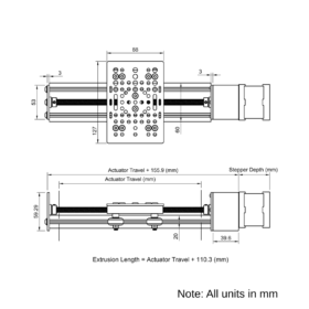 Technical Drawing Of Screw Drive Actuator - NEMA17 - 20x60mm - 500mm - Black - V-Slot Gantry Plate - Large