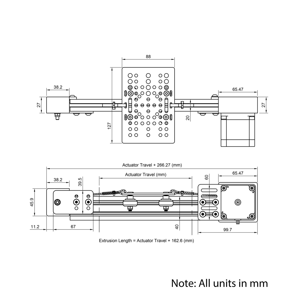Technical Drawing Of Belt Drive Actuator - NEMA23 - 20x40mm - 1500mm - Black - V-Slot Gantry Plate - Large