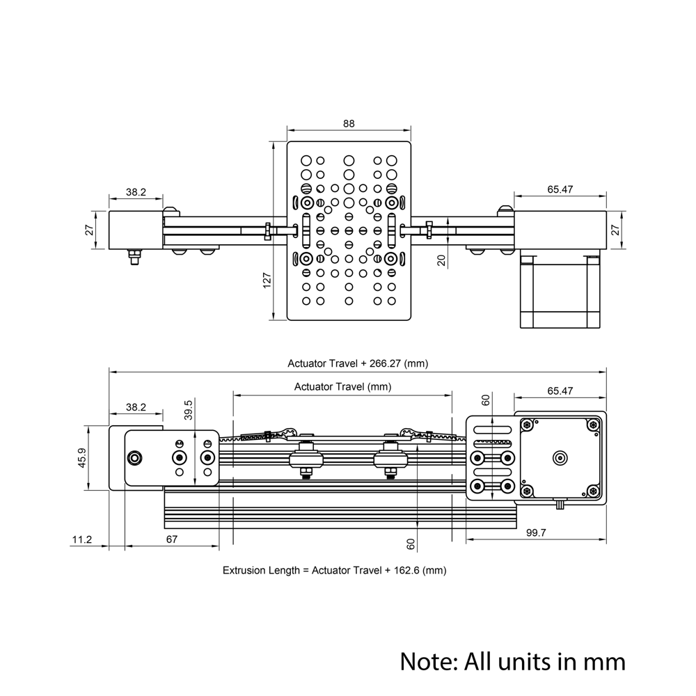 Technical Drawing Of Belt Drive Actuator - NEMA23 - 20x60mm - 3000mm - Black - V-Slot Gantry Plate - Large