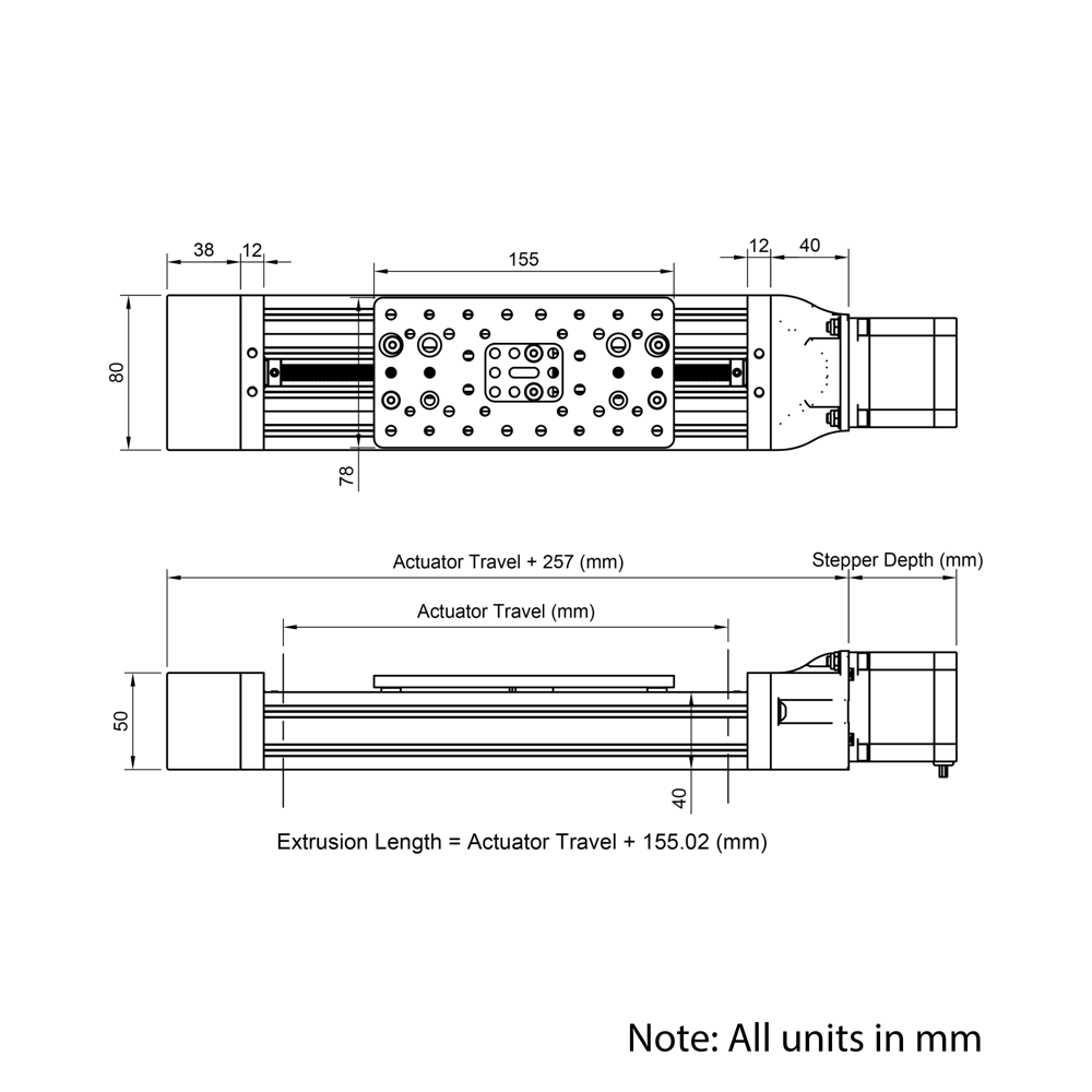 Technical Drawing Of C-Beam Screw Drive Actuator - 1000mm - Black - Gantry Plate - Large