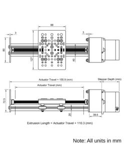 Technical Drawing Of Screw Drive Actuator - NEMA23 - 20x40mm - 250mm - Silver - V-Slot Gantry Plate - Large