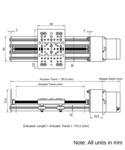 Technical Drawing Of Screw Drive Actuator - NEMA23 - 20x80mm - 250mm - Silver - V-Slot Gantry Plate - Large