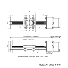 Technical Drawing Of Screw Drive Actuator - NEMA23 - 20x40mm - 500mm - Black - V-Slot Gantry Plate - Large