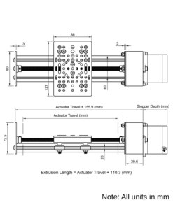 Technical Drawing Of Screw Drive Actuator - NEMA23 - 20x60mm - 250mm - Black - V-Slot Gantry Plate - Large
