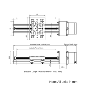Technical Drawing Of Screw Drive Actuator - NEMA23 - 20x60mm - 500mm - Black - V-Slot Gantry Plate - Large