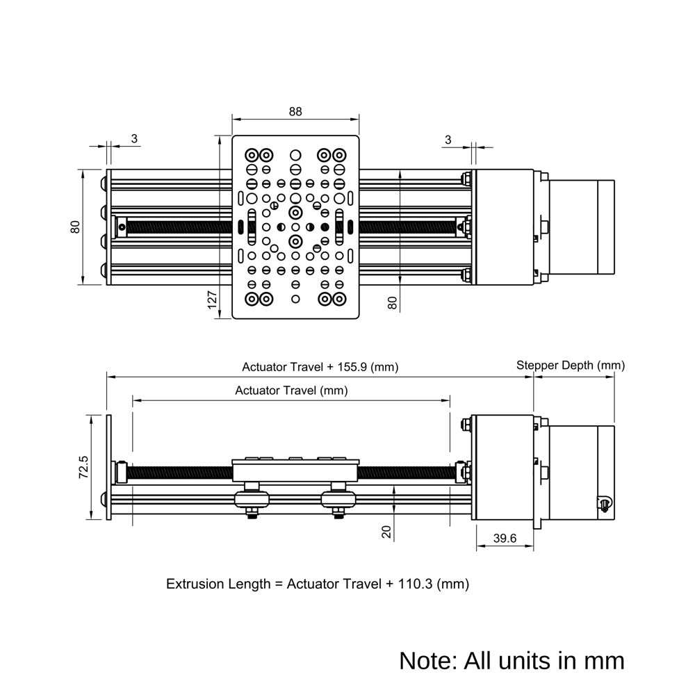 Technical Drawing Of Screw Drive Actuator - NEMA23 - 20x80mm - 250mm - Black - V-Slot Gantry Plate - Large