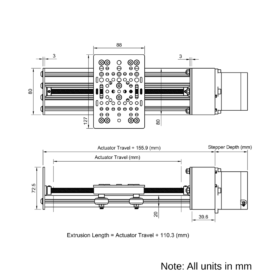 Technical Drawing Of Screw Drive Actuator - NEMA23 - 20x80mm - 500mm - Black - V-Slot Gantry Plate - Large