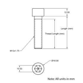 Technical Drawing of Cap Head Bolt - M12 - 25mm
