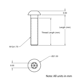 Technical Drawing Of Button Head Bolt - M12 - 30mm