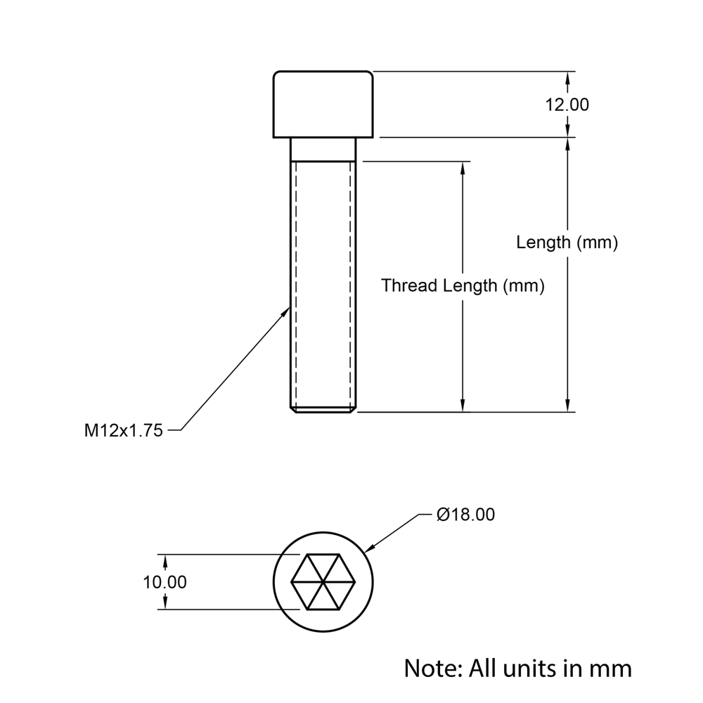 Technical Drawing of Cap Head Bolt - M12 - 30mm