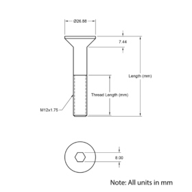Technical Drawing of Countersunk Bolt - M12 - 80mm
