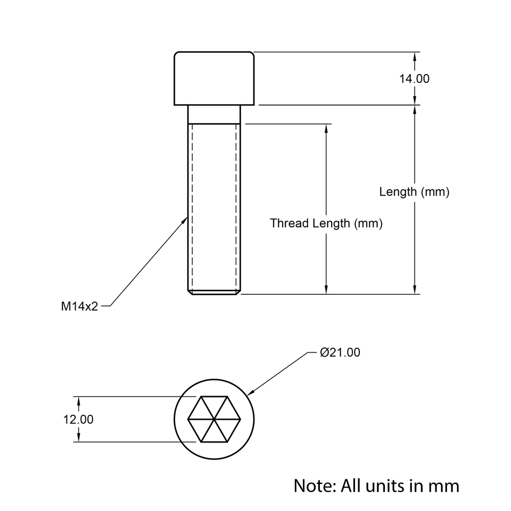 Technical Drawing of Cap Head Bolt - M14 - 60mm