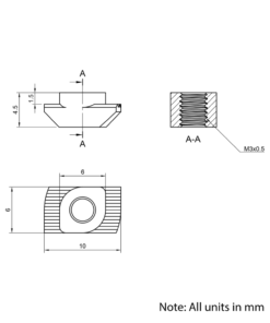 Technical Drawing Of Drop In Nut - T/V-Slot - 20 Series - M3