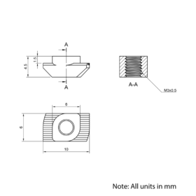 Technical Drawing Of Drop In Nut - T/V-Slot - 20 Series - M3