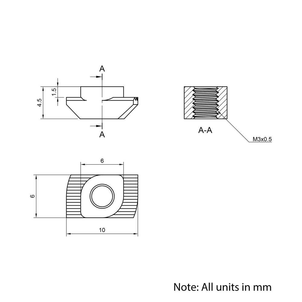 Technical Drawing Of Drop In Nut - T/V-Slot - 20 Series - M3