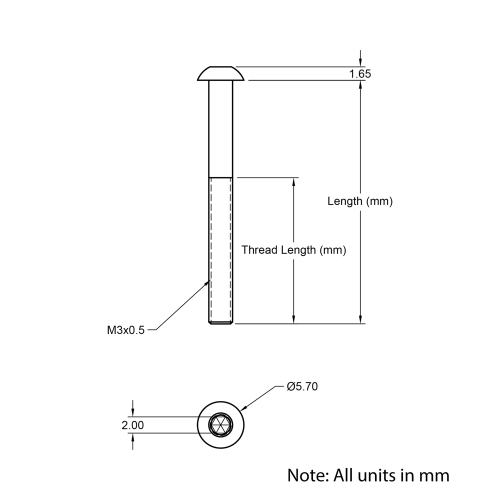 Technical Drawing Of Button Head Bolt - M3 - 10mm