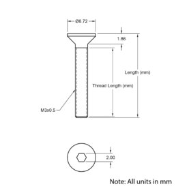 Technical Drawing of Countersunk Bolt - M3 - 14mm