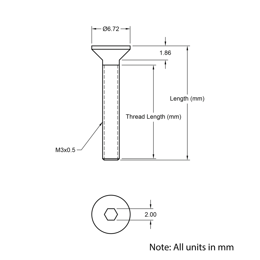 Technical Drawing of Countersunk Bolt - M3 - 14mm