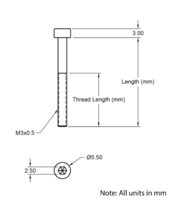 Technical Drawing of Cap Head Bolt - M3 - 4mm