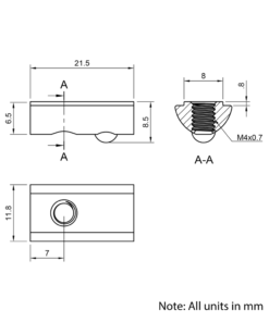 Technical Drawing Of Spring Ball Loaded Nut - T-Slot - 30 Series - M4