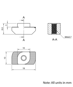 Technical Drawing Of Drop In Nut - T-Slot - 40 & 45 Series - M4 - Stainless Steel
