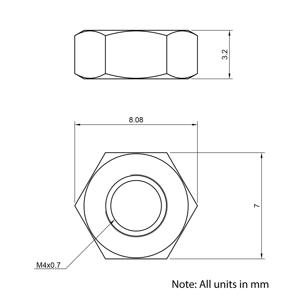 Technical Drawing of Nyloc Nut - M4
