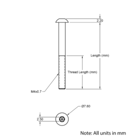 Technical Drawing Of Button Head Bolt - M4 - 20mm