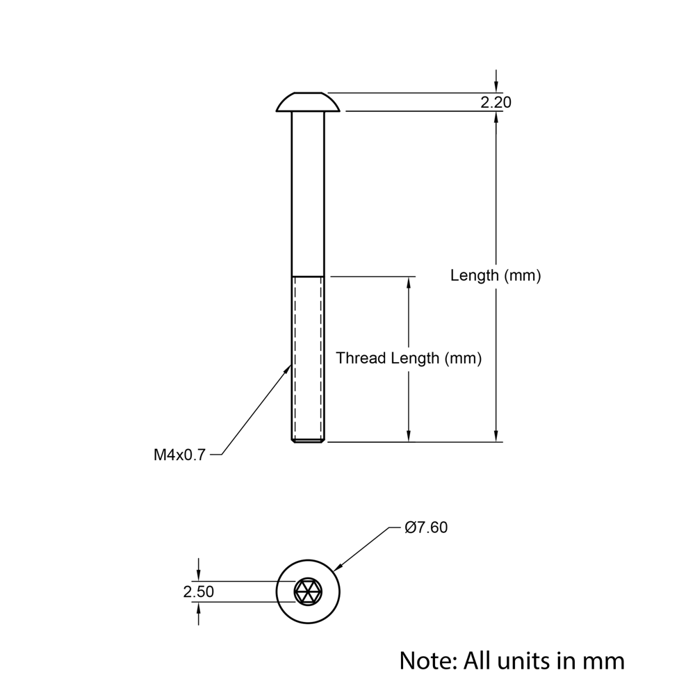 Technical Drawing Of Button Head Bolt - M4 - 40mm