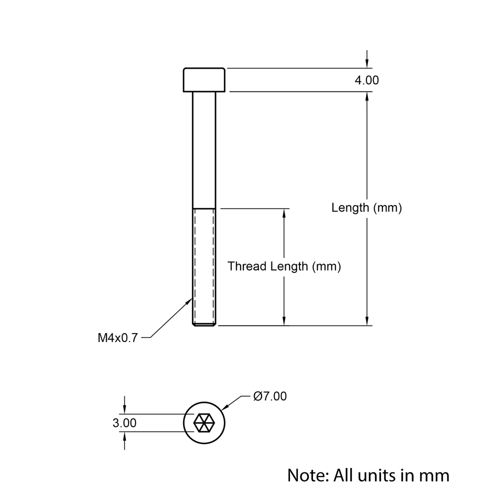 Technical Drawing of Cap Head Bolt - M4 - 6mm
