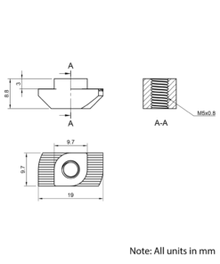 Technical Drawing Of Drop In Nut - T-Slot - 40 & 45 Series - M5