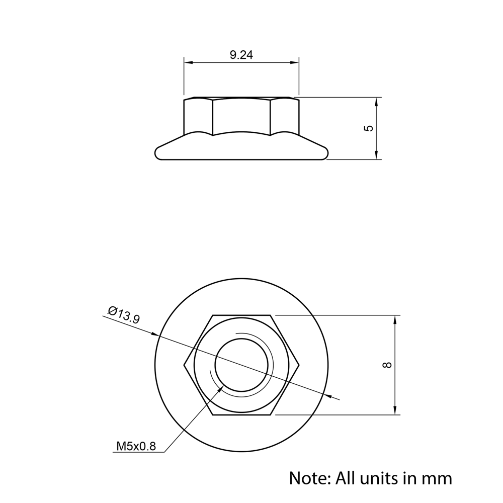Technical Drawing of Serrated Flanged Hex Nut - M5