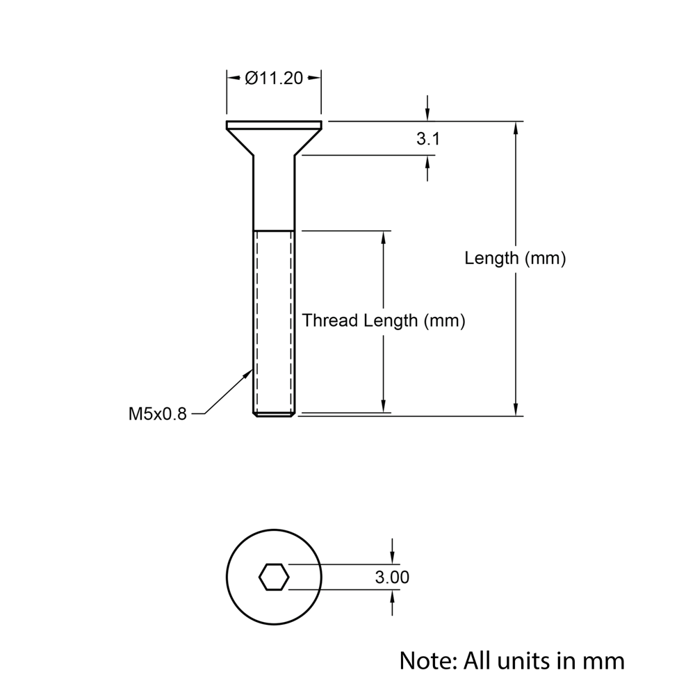 Technical Drawing of Countersunk Bolt - M5 - 10mm